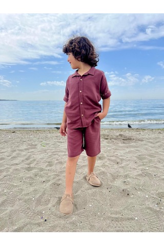 Cigit Kolları Nakışlı Gömlek Şort Keten Takım 2-7 Yaş Mürdüm Mürdüm