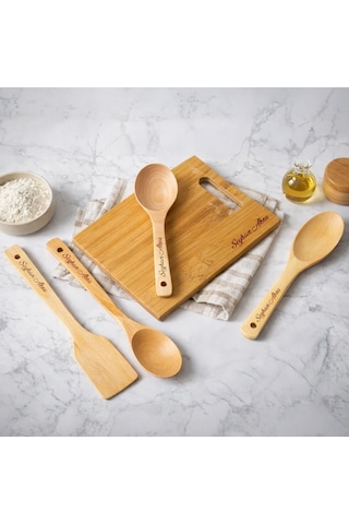 Bk Gift 5li Doğal Ahşap Bambu Kesme Tahtası Ve Servis Seti Kepçe, Pilav Kaşığı, Spatula, Kaşık Mutfak Seti Kobitmeyencom36758 Bk Gift Çok Renkli