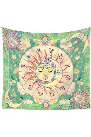 Singree Yeşil Güneş Ve Ay Desenli Poliester Dekoratif Duvar Örtüsü - 73x95 Cm Ev Dekorasyonu Tapestri