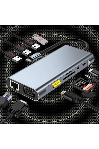 Honeybeeshop H90 Usb C Hub 11li Adaptör 4k Hdtv Vga Type C Pd Rj45 Ethernet Sd Tf Kart Okuyucu 35mm Aux Macbook Pro Air Ve Type C Dizüstü Uyumlu