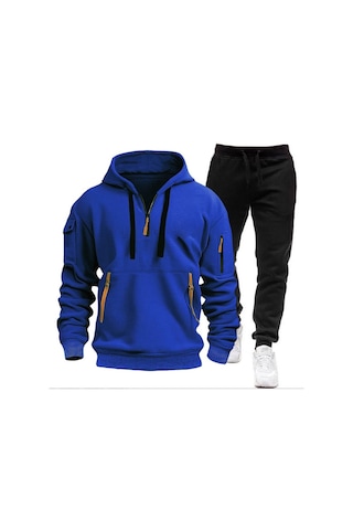 Erkek Kışlık Günlük Trend V Yaka Fermuarlı Kazak Mavi