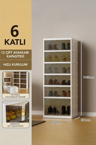 6 Katlı Katlanabilir Ayakkabılık, Modüler Ayakkabı Dolabı, Portatif Düzenleyici, Beyaz Beyaz