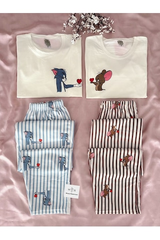 Mh Moony Homewears Kadın Tekli Farecik Pijama Çift Pijamasının Kadını Krem