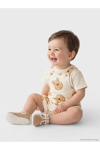 Nevaa Collection Ekru Winnie The Pooh Baskılı Erkek Bebek Salopet Ve Tişört Ekru