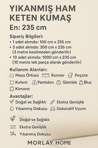 10 Metre Yıkanmış Ham Naturel Keten Kumaş - 235 Cm En - Organik - Doğal - Punch - Döşemelik Kumaş Bej