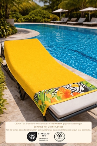 Sarı Plaj Havlusu %100 Pamuk Sertifikalı Tropik Desenli Havuz Havlusu Üstün Emici 75x150cm