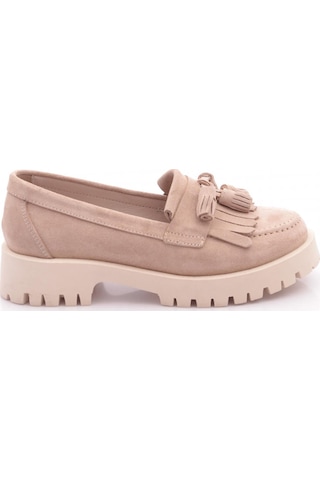 Dgn 2836 Kadin Püsküllü Loafer Ayakkabi Bej Süet