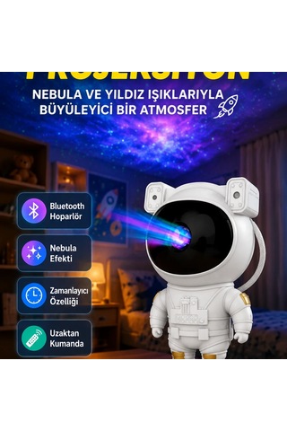 Astronot Nebula Yıldız Ve Ay Projeksiyon Lambası Bluetooth, Uzaktan Kumanda Ve Zamanlayıcı