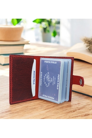 Cronder Hakiki Deri Şeffaf Bölmeli Kartlık Cüzdan Kırmızı