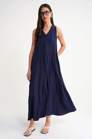 4700 Kadın V Yaka Önü Pileli Elbise Lacivert Lacivert