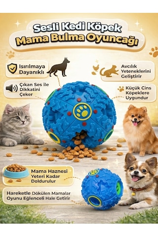Mavi İnteraktif Köpek Zeka Oyuncağı Sesli Mama Bulma Topu