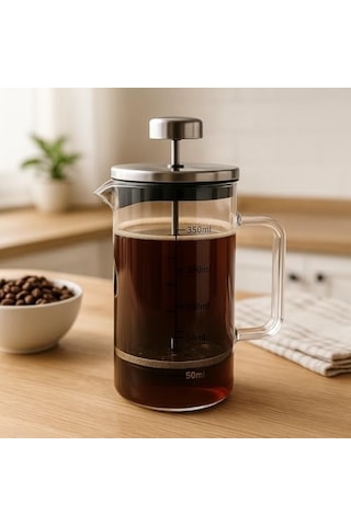 Borosilikat Cam French Press 350ml - Paslanmaz Çelik Filtreli Ölçekli Kahve Ve Bitki Çayı Demliği - Isıya Dayanıklı Kişisel Kupa - Metal Kapaklı Açık Bej