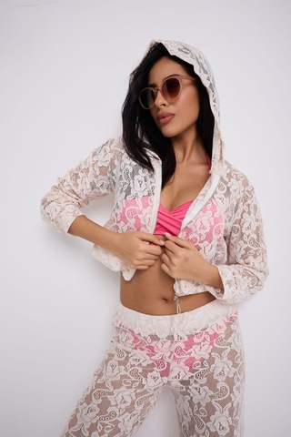 Kapuşonlu Dantel Bluz Ekru