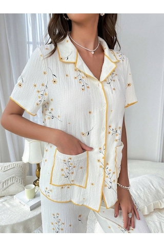 Bella Notte Çiçek Baskılı Cep Detaylı Düğmeli Günlük Pijama Takımı Beyaz