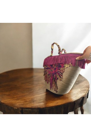 Hasır Çanta, Plaj Çantası, Tasarım Çanta, Püsküllü,desenli El Çantası Mürdüm