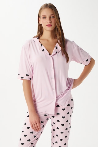 Kadın Lily Yumuşak Doku Pembe Kalpli Ön Düğmeli Kısa Kollu Pijama Takımı Pembesiyah Pembe - Siyah