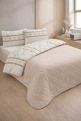 Formeya Kapitoneli Tek Kişilik Desenli Pike - Yatak Örtüsü Takımı 160x230 Cm - 1 Adet Yastık Kılıflı Bej Diğer