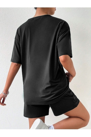 Love Yourself T-shirt Şort - Siyah Alt Üst Kombin Şort Tişört Takım Baskılı Oversize Bisiklet Yaka Siyah