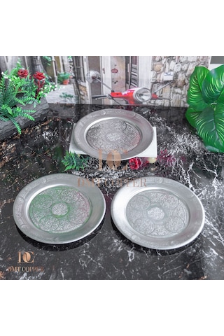 18 Cm 3 Adet 430 Kalite Krom Çelik Yuvarlak Servis Tabağı - Salata Meze Köfte İçin Şık Sunum Tabağı - Kararmaz Fırına Dayanıklı El İmalatı Gaziantep Gri
