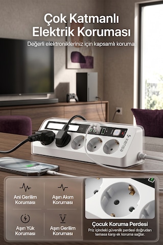 Akım Korumalı Dokunmatik Led Işıklı Priz 5'li + 2x Usb-a + 2x Usb-c 2 Metre Kablo 2 M
