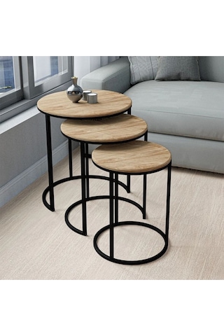 Alya Yuvarlak Ahşap Üçlü Zigon Sehpa Siyah