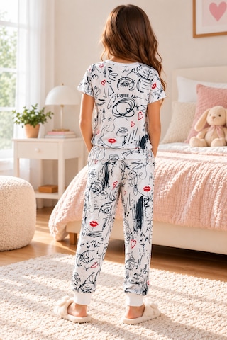 Luess Çocuk Baskılı %100 Pamuk Suprem Pijama Takımı-Beyaz