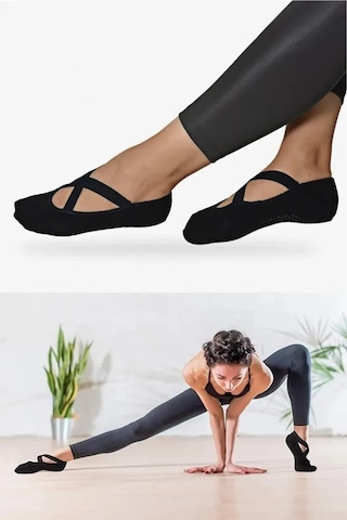 4 Çift Siyah Kaydırmaz Tabanlı Fitness Plates Yoga Çorabı
