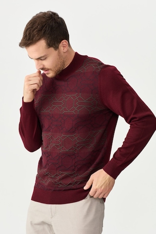Erkek Yarım Balıkçı Yaka Önü Desenli Kazak Bordo Bordo