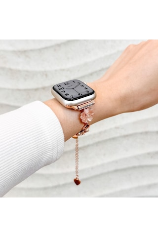 Apple Uyumlu Watch 10 Serisi 42mm - 38/40/41mm Kordon Taşlı Parlak İnce Flower Metal Bayanlar İçin Band