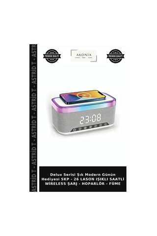 Delux Serisi Şık Modern Günün Hediyesi Skp - 26 Lason Işıklı Saatli Wireless Şarj - Hoparlör - Füme