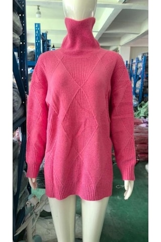 Fastbuy Bej Renk Kadın Büyük Beden Bol Mizaçlı Seyahat Örme Kazak, Yüksek Yaka, Düz Desen Kazak Bej