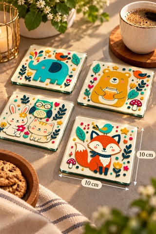 Gökçeoğlu Cam Bardak Altlığı Orman Hayvanları Temalı 4'lü Takım 10cm X 10cm Çok Renkli