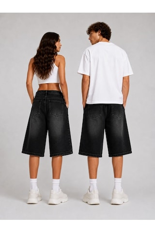 St.poll Eskitme Yıkama Unisex Baggy Denim Şort Siyah