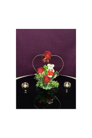 Rose Gold Metal Kalp Çerçeveli Ayıcık Ve Gül Hediyelik Aranjman