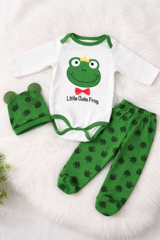 Kurbağa Desenli Erkek Bebek 3 Lü Takım Uzun Kollu Çıtçıtlı Body, Patikli Pantolon Ve Şapka Set Yeşil