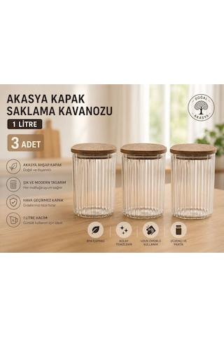 3 Adet Cam 1000 Ml 1 Litre Akasya Vakumlu Kapak Erzak Kavanozu Saklama Kabı Kahverengi