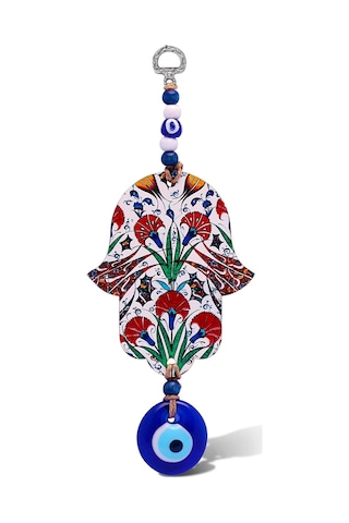 İlyasoğlu Hamsa Lazer Kesim Tahta Renkli Desenli Duvar Süsü Cam Nazarlık Sallantılı Tahta Model 2 26x10cm