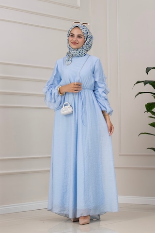 Sevitli Kolları Fırfır Detaylı Simay Elbise-bebe Mavi-5789