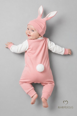 Babyden's Tavşan Kulaklı Yenidoğan Tulum Seti %100 Pamuklu Ayarlanır Ponponlu Unisex Bebek Tulum Şapka Set Pudra Pembe