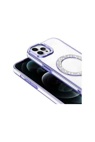 Apple Uyumlu iPhone 12 Pro Kılıf Pırlanta Taş Tasarımlı M-safe Şarj Özellikli Karetta Silikon Kapak Mor