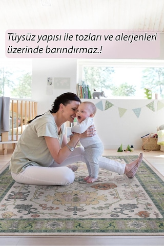 Foldy Vintage Desenli Dokuma Taban Dekoratif Yeşil Halı Fl 39