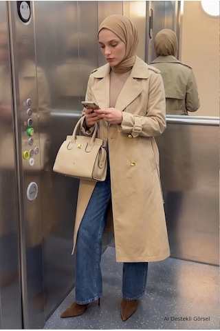 Armine Trend Klasik Yaka Yandan Cepli Çift Düğmeli Trençkot 130 Cm Boy Trenckot Koyu Bej 26kt727