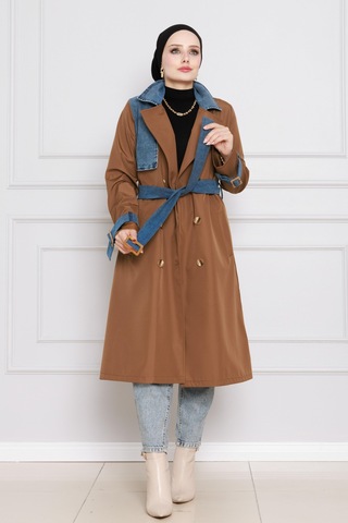 Sevitli Kot Detaylı Trençkot-taba-4395 Taba