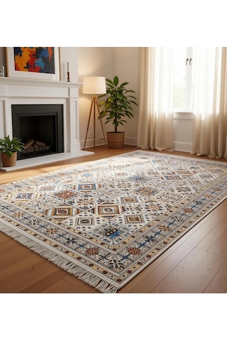 Renkli Etnik Desen Modern Halı Dekoratif Kilim Ekru