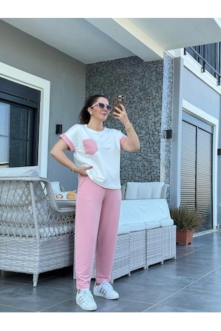 Defymoda Kadın Kristal Kumaş Garnili Cep Detaylı Ikili Takım Pembe