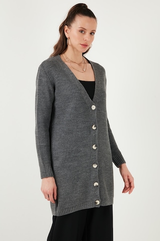 Lela Regular Fit V Yaka Düğmeli Triko Örme Uzun Bayan Hırka 4615044 Koyu Gri