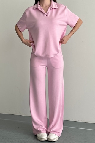 Balenbi Kadın Modal Kumaş Yarım Kollu Polo Yaka Eşofman Takımı 1210 Pembe
