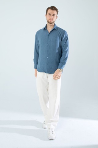 Rahat Kesim Keten Dokulu Gömlek Mavi