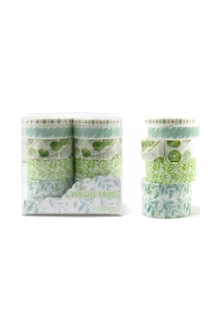 Vintage Washi Tape Bant Baskılı Yapışkanlı Maskeleme Kağıdı 45d Desenli Bant 10'lu - Yeşil Yapraklar 1