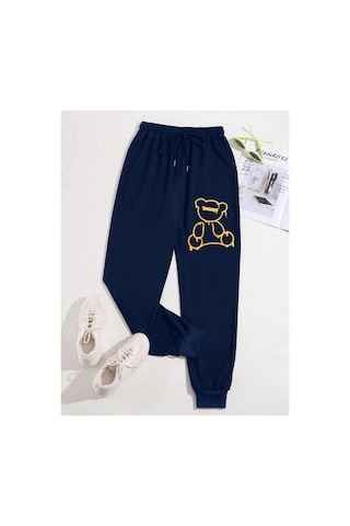 Tarzsokak Bear Print Drawstring Waist 4 Mevsim Eşofman Lacivert